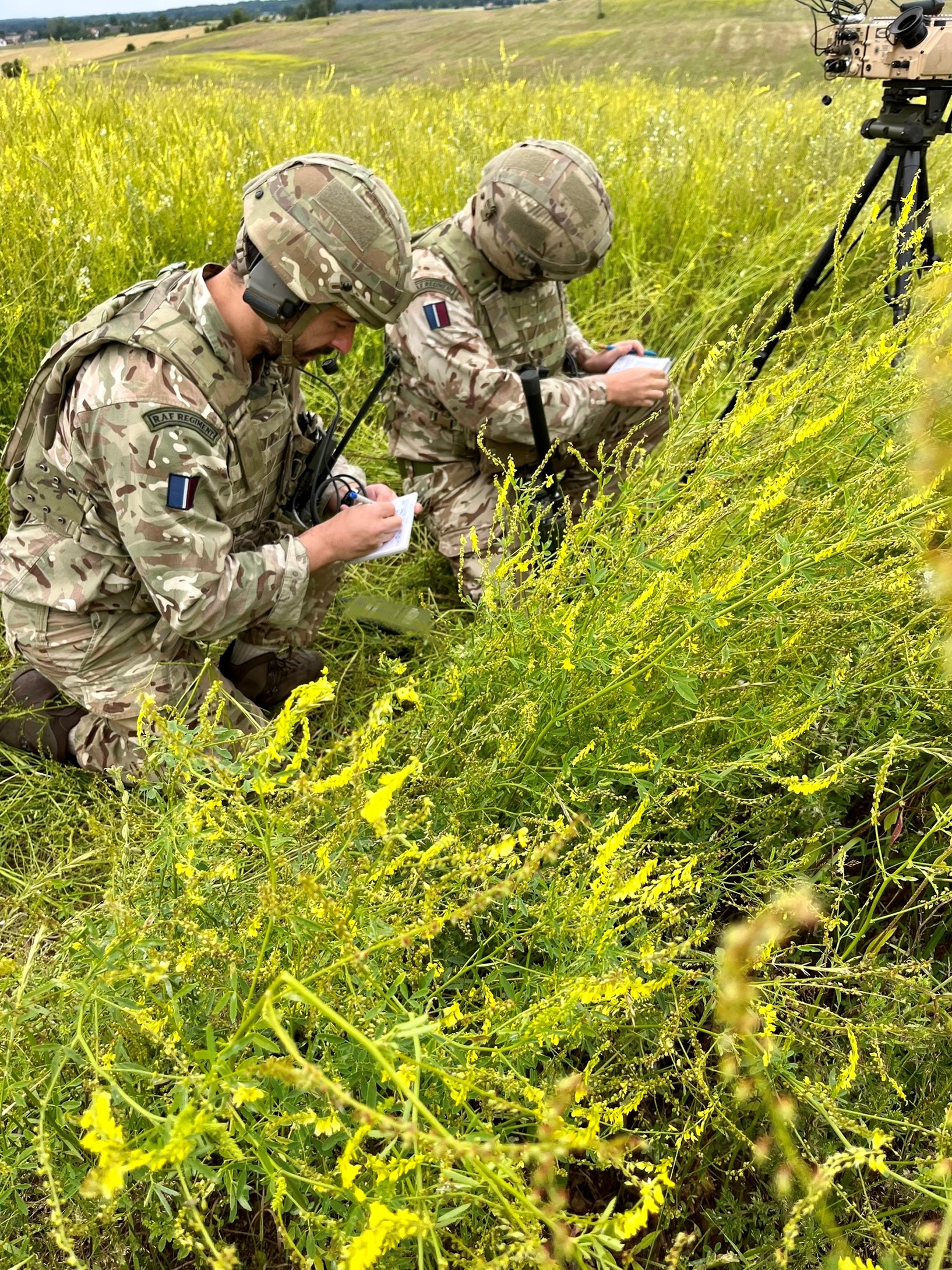 Image shows two RAF Regiment aviators crouching in the grass with ground-based laser designator.